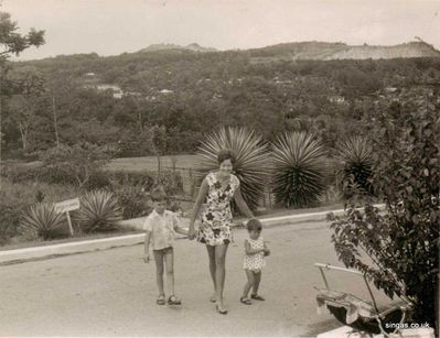 In front of our bungalow
In front of our bungalow. In the distance is a quarry where they blasted stone.
Keywords: Lucy Childs