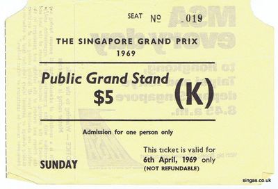 1969 Singapore Grand Prix.
Trevor Cheesman's ticket for the 1969 Singapore Grand Prix.
Keywords: Trevor Cheesman;1969;Singapore Grand Prix