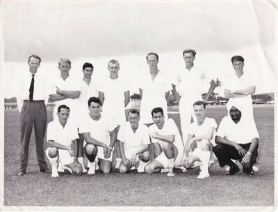 Cricket Match Team
And another sporting photograph dated 2nd September 1964 â€“ this time itâ€™s cricket that gets the coverage. My father is front row, first on the left.  The reverse of the photos has names of the team players which might be of interest.
Keywords: Edward Ferguson;RAF Changi;1964