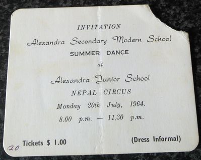 Alexandra Secondary Modern School Dance Ticket
School Dance at Alexandra Junior School in July 1964.
