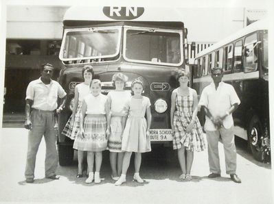 ASM School Bus
The school bus I went on but I am not sure why we are not in uniform ??
Names left to right are Norma Wilson, Jane ? Jackie ? Dorothy ? And Pat ?  plus drivers ?
Keywords: Maureen Paxton;Norma Wilson;ASM;Alexadra Sec. Modern