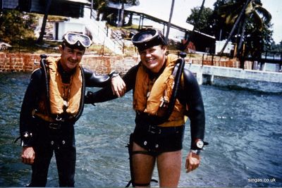 Mike Dunning.  Tengah-1964/67.  64 Sqdn. 60 Sqdn. ASF.
Tengah-1964/67.  64 Sqdn. 60 Sqdn. ASF.

Me (on left) and my mate (Vic Gale) during one of our diving expeds out to 'Raffles Lighthouse'! We had a great time out there, diving all around Singers and (Off-shore) Malaya, both West and East Coast.
Keywords: Mike Dunning;RAF Tengah;1964;64 Sqdn;60 Sqdn;ASF