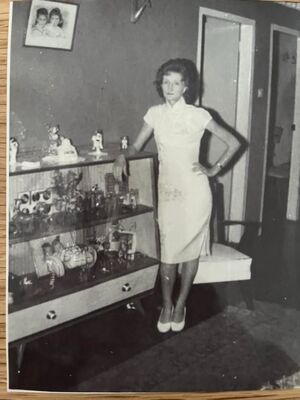 My mother in a Cheongsam dress
My mother in a Cheongsam dress in the early 60’s possibly 62/63.  The photo was taken in our home in Jalan Gertak Merah.
Keywords: Suzanne Bill Russell;Jalan Gertak Merah