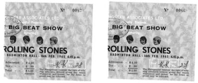 Rolling Stones in Singapore in February 1965
These are tickets to the show given by the Rolling Stones in Singapore in February 1965. Thanks to Lin Kelloway for the picture. Earlier that month I went to see the Kinks and Manfred Mann, also at the Badminton Hall.
Keywords: Rolling Stones;1965;Badminton Hall;Lin Kelloway