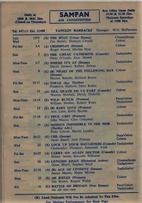 British Forces Motion Picture Service - Monthly Cinema Programme
Sampan Cinema - Tanglin Barracks 1970
Keywords: Valda Jean Thompson