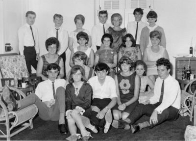 Taken at a party in 1964
Back Row:
??: Les Beckworth: Melinda (Min) Chapman: Ron Smith: Denise Wooldridge: Ron Moss: ? Wilson

Middle Row:
Pam Stacy: Jill Chapman: Linda Mair: ?? : Sue Le Maux

Front Row:
Dave Wright: Jane Strange: Nick Gilbert: Laura Gilbert: June Tressider: Jim Coull

In front of Jane Strange: Joyce Wilson.
Keywords: 1964;Les Beckworth;Melinda Chapman;Ron Moss;Pam Stacy;Jill Chapman;Linda Mair;Sue Le Maux;Dave Wright;Jane Strange;Nick Gilbert;Laura Gilbert;June Tressider;Jim Coull;Joyce Wilson;Ron Smith;Denise Wooldridge