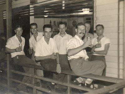 RAF Tengah 1953
L-R Douglas L C Fielder, F. Fairclough,  J. McCracken, R.
Commons, J. Crowe, B. Hildred, R. Kemshall  at Mens Bar Oct 1953.  If anybody knew Douglas Fielder during his RAF days then Alexis would love to hear from you.  Contact via Admin. 

Keywords: Alexis Fielding;RAF Tengah;Douglas L C Fielder;F. Fairclough;