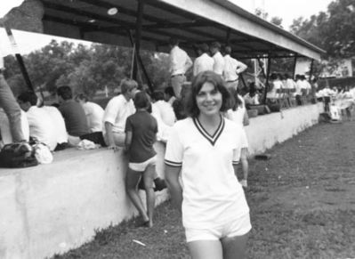 Caroline Hurrell '67
Pete Butterworth is in the background.  John Webb & Bob Simons say that most of their set is visible in the background too.
Keywords: St. Johns;Caroline Hurrell;1967;Sports Day;Dover Road