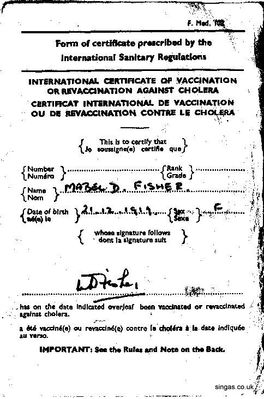 certificate of cholera vaccination
My Mums certificate of cholera vaccination, this was the necessary downside of living in Singapore as the vaccinations used to make me very ill.
Keywords: Heather Fisher;cholera