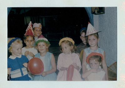 Party group of children who were living in Medway Drive, Serangoon Gardens, 1967 - Sandra Chidgey is wearing pink dress.  It was the birthday of the blond girl in blue dress.
Keywords: Sandra Chidgey;Medway Drive;Serangoon Gardens;1967