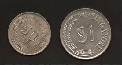 The obverse sides of a $1 and 50-cent coin issued in the sixties. 
Keywords: $1;coins