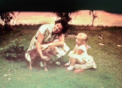 Norma Stephens, Perry the dog and Valda at Pasir Panjang Flats - 1959
