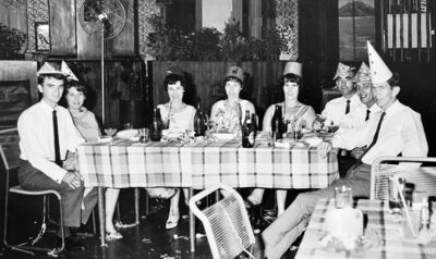 Xmas Party at Raffles Hotel 1966 or 67: L-R: Unknown x 2, Mae Moffett (my mum), Ann Latham, Judith Paxton, Trevor Moffett (my dad), Barry Latham, John Pixton
Keywords: Raffles Hotel; Trevor Moffett; Mae Moffett; Judith Pixton; John Pixton; Barry Latham; Ann Latham; 1966; 1967