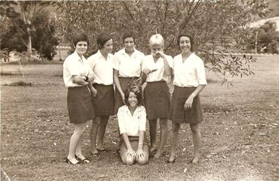 St. Johns Girls 1969
Thanks to Pat Davies for this photo.

From left to right:-  Christine Beadle, Pat Davies, Vicky Prince, Val Awty, Val Murphy and Ann McCarthy kneeling. The photo was taken 18th September 1969.
Keywords: Christine Beadle;Pat Davies;Vicky Prince;Val Awty;Val Murphy;Ann McCarthy;St. Johns;1969