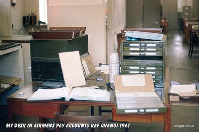Pay Accounts RAF Changi
My desk in Airmen's Pay Accounts RAF Changi 1961
Keywords: RAF Changi;1961