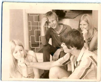 Jim, Jane, Ann and me
This photo is a bit of a mystery. I've written on the back, Jim, Jane, Anne and Me. I vaguely remember Jim and even more vaguely remember Anne and Jane, but can't quite place them. I think Ann is sitting next to me.
Keywords: Ian Vale