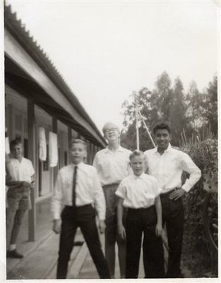 Kinloss House
I'm at the back with the blond hair.  If anybody can identify the others in these two photos, I'd be grateful.

Christine (Cookie) Molendo, Kinloss 1963-5, thinks that The lad with the tie, is probably Bobby Goodman.

Lindy Ryanor has said, I believe the younger boy on the left outside the Galahad dorms, is my brother Clive Raynor  it would have been 1964/65.
Keywords: Kinloss House;Alan Cooke;Bobby Goodman;Clive Raynor;Galahad dorms;1964