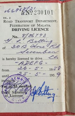 My dad's Malayan driving licence.
Keywords: Patricia Lovelock