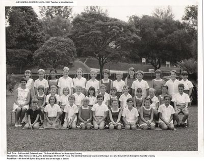 Alexandra Juniors 1968
Thanks to Lynne Betteridge for this photo of her class with teacher Miss Harrison.  Some names that she remembers are on the photo.  If you are in this photo let me know.
Keywords: Alexandra Juniors;Lynne Betteridge;Miss Harrison;1968