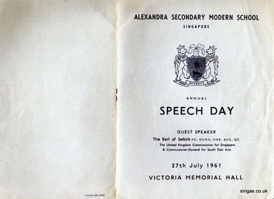 1961 Speech Day Programme Cover
Alexandra SM School 1961 Speech Day Programme.  Keith's late mother was the School Secretary working for the Headmaster, John MacFarlane.
Keywords: Alexandra SM School;1961;John MacFarlane;Speech Day;ASM