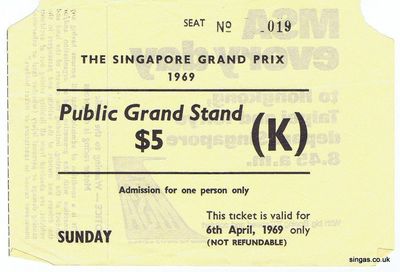 1969 Singapore Grand Prix.
Trevor Cheesman's ticket for the 1969 Singapore Grand Prix.
Keywords: Trevor Cheesman;1969;Singapore Grand Prix