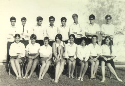 St. Johns Pupils - Miss Coveneys' Class
This is the first formal photograph that I have come across of pupils at St John's.  Are there any other formal photos?

Only names known so far are Front row 1st left Ann Winder, Teacher is Miss Coveney with Kathy Bird to her right.  Armstrong brothers on the back row somewhere.  If you can identify others please let me know.

Thanks to Bob Simons for this photo.
Keywords: Ann Winder;Miss Coveney;Kathy Bird;St. Johns