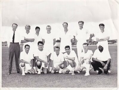 Cricket Match Team
And another sporting photograph dated 2nd September 1964 â€“ this time itâ€™s cricket that gets the coverage. My father is front row, first on the left.  The reverse of the photos has names of the team players which might be of interest.
Keywords: Edward Ferguson;RAF Changi;1964