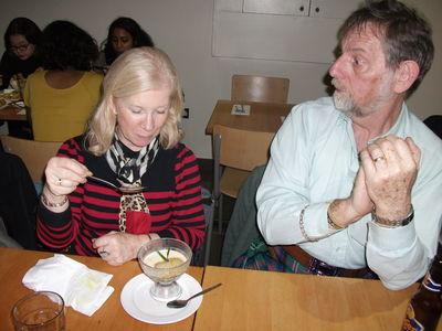 Singapore Schools Reunion - Chandos Pub 15th Nov 2014
Gillian Mallett  with Tony Taucher 'tackling the sago pud'
Keywords: Reunion;15th Nov 2014;Chandos;Gillian Mallett;Tony Taucher