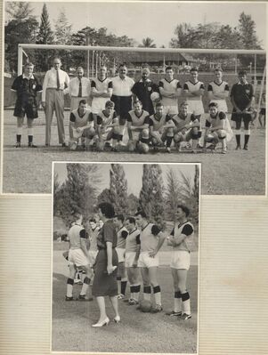 Football Team - F160 Fort Dunvegan
Football Team – My dad Sid Wells is kneeling third in from left with football.  My dad worked for the MOD in London before taking the post in Singapore in 1962.  The Fort Dunvegan is possibly one of the ships Sid arranged stores transfers too?
Keywords: Sid Wells;Football;1962