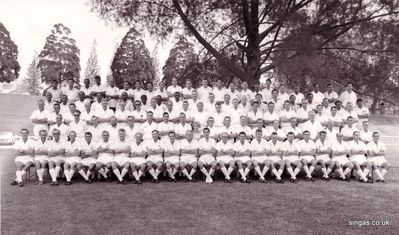 This photo is of the Chief Constructors Dept.  (Naval Base circa 1968)
The only information we have on this photo is some writing on the back which says - Mr Googan TG3 (C/M of Shipfitters) Prom (C).  I also noticed that there is one small lady in the centre of the picture.
Keywords: Anna Googan;naval base;1968;Chief Constructors Dept;Shipfitters