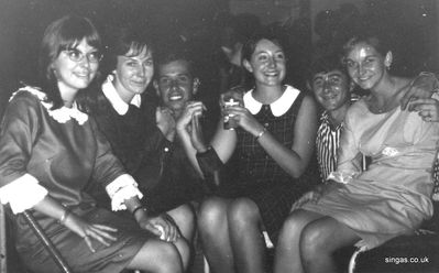 Joyce Nicholson and friends
Left to right are Erica Castle, Peggy Maxwell, Dick Case, Susan Ellinor, Mike Ludlow and Joyce Nicholson. 
Keywords: Erica Castle;Peggy Maxwell;Dick Case;Susan Ellinor;Mike Ludlow;Joyce Nicholson;The Hellions