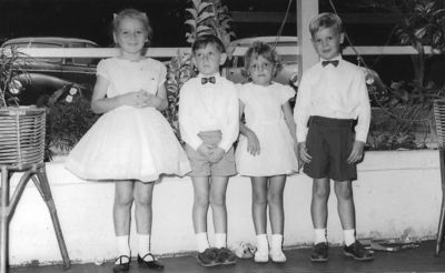 Leonora Callaghan/Gallaghan?, Brother Steven, Girl unknown, Gordon Chesterman at Families Club
Keywords: Bob Chesterman;48 Squadron;Changi;RAF;Leonora Callaghan;Steven;Gordon Chesterman;Families Club