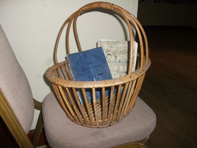 Girls School Baskets
My thanks to Anna Googan for this photo.  These baskets were in daily use by girls in school,  and this original is photographed with school workbooks autographed by friends in 1967.  Baskets were available on every street corner but are impossible to find nowadays.
Keywords: Anna Googan;St. Johns;baskets;1967