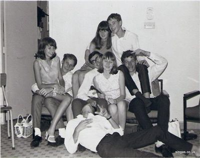 Back : Anna Googan, and possibly Colin Wenham

Middle: Hazel Beckwith, Keith Edwards (?), Mike Newham, Sandra Thwaites, Ian â€œHaggisâ€ Roberts.

On Floor: ?
Keywords: Mike Newman;Anna Googan;Hazel Beckwith;Keith Edwards;Sandra Thwaites;Ian â€œHaggisâ€ Roberts;St. Johns;Naval Base