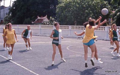 Dakotas netball team
The Dakotas netball team in action at Far East Mansions.  Mum is in the orange top, bandaged knee.
Keywords: Dakotas;netball team;Far East Mansions