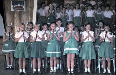 recorder group in 1965
Picture shows some of my top, brilliant recorder group in 1965. Four of the girls in the front row are Susan Hayward, Susan Ridge, Judith Beeston and Jenny Tippett-Iles. The last two have got in touch since I sent in an earlier picture and the three of us met at my home in April, reminiscing and nattering for almost 6Â½ hours. We ended the meeting by playing one of the recorder tunes they performed at the concert pictured!

Christine Harral has been in touch, and identified herself as being on the front row 3rd from the left.
Keywords: Bill Johnston;Wessex Junior;Pasir Panjang Junior;School;recorder group;1965;Susan Hayward;Susan Ridge;Judith Beeston;Jenny Tippett-Iles;Christine Harral