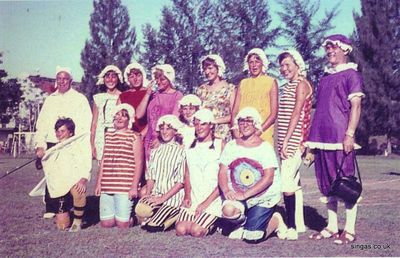 The girls team in a charity football match
The girls team including back row Dee Morton, 2, Linda Sims,  4, and Laura Gilbert Can anyone identify 2 and 4 in the line up L to R?

Front L to R  Jemima Reed, Linda Kelloway, Pam Kelloway, Linda Musgrove ? Pauline Jackson, Sue Le Maux. Can anyone identify the person with the flag?
Keywords: Dee Morton;Linda Sims;Laura Gilbert;Jemima Reed;Linda Kelloway;Pam Kelloway;Linda Musgrove;Pauline Jackson;Sue Le Maux;Naval Base