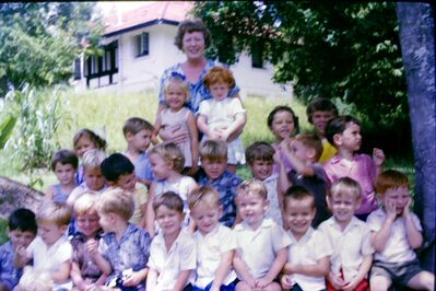 My mother & neighbour ran a kinder-garden
My mother & neighbour ran a kinder-garden under our house at 283 Sudan Rd in the Naval Base. Photo is likely sometime in 1965/1966 
Sorry, don’t have any names.
Keywords: Derek Elwin;Sudan Road;1965;1966