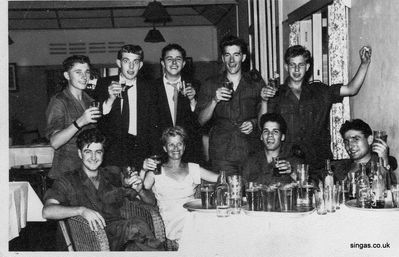 Night Out
Left to Right Ron Brown, Graham Askew, Fitzpatrick, Jack Hawkins, Alan Ledson ( later died in an aircraft accident in April 1957) Front "Spike" Whitworth, Ralph Johnson, Colin Brunt.
Swimming Pool NAAFI
Keywords: Tengah;Ron Brown;Graham Askew;Jack Hawkins;Alan Ledson;Ralph Johnson;Colin Brunt