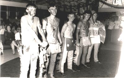 Achille Lauro 1968
Achille Lauro, August 1968. Winning fancy dress group.  We were red indians from the blackfoot tribe. Left to Right.  Steve Edgecumbe, unknown, me, Fred, Cliff Andrews.
Keywords: Lou Watkins;Achille Lauro;Steve Edgecumbe;Cliff Andrews