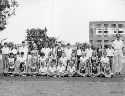 Alexandra Juniors May 1969 - Fiona Wallace
Thanks to Fiona Wallace  who said "my class at Alexandra Junior School in May 1969. I think the teacher was Mr Bennett?!  I am sitting in the front row, second from left, the only one not looking at the camera of course!!  can't remember the names of many of my classmates unfortunately but think one is called Gillian White and another Sarah Marchi.  We lived in Orange Grove Road, just off Orchard Rd as my dad was a civilian at HQ FARELF Tanglin from 1968 to 1971."
Keywords: Fiona Wallace;Alexander Junior;Mr Bennett;Gillian White;Sarah Marchi;1969