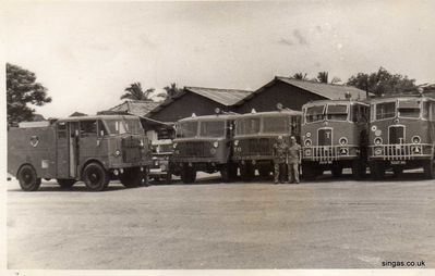 RAF Tengah, Main Fire Section
Line up of fire vehicles, two firemen are Kiwi's attached to the RAF 
Keywords: Main Fire Section;RAF Tengah