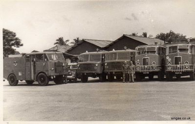 RAF Tengah, Main Fire Section
Line up of fire vehicles, two firemen are Kiwi's attached to the RAF 
Keywords: Main Fire Section;RAF Tengah