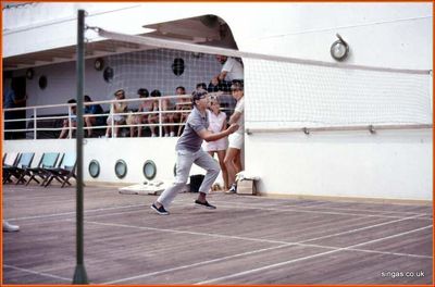  S. S. Oronsay
My brother Philip Playing in the deck tennis competition aboard S. S. Oronsay. Self and Angela Postles in background
Keywords: Philip Cottrell;S.S.Oronsay