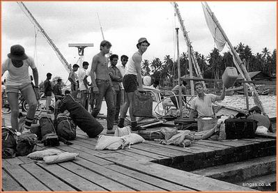 Field Trip to Pulau Tioman â€“ July 1967
St. Johnâ€™s Upper Sixth Geography Field Trip to Pulau Tioman â€“ July 1967 â€“ setting sail from Mersing (L â€“ R) Charles â€˜Spudâ€™ Leavey, ????, Keith Dear, Ken Wildon
Keywords: Pulau Tioman;St. Johns;1967