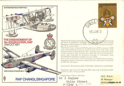 Commemorative Cover
Commemorative Cover

The Disbandment of No 205 (M.R.) SQN., RAF 31st Oct 1971.
Keywords: RAF Changi;Simon Moore;Commemorative Cover;No 205 (M.R.) SQN