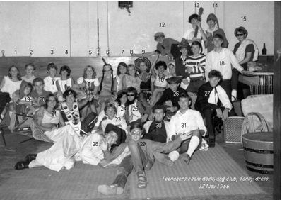 Fancy dress at the Dockyard Club 12 Nov 1966
Fancy dress at the Dockyard Club 12 Nov 1966, from Barry Thompson who also said "Thanks to Grahame Truscott for help with the names"
1 Lynne Groves, 2 Mick Short, 3 Les Beckwith, 4 Janice Willing ( now - Beckwith), 5 Ann Harrison, 6 Viv Bloy, 7 Hazel Davies, 8 Gill Short, 9 Sue Waldron, 10 Jenny Nickson, 11 Linda Musgove, 12 Barry Thompson, 13 Terry Wintle, 14 Chris Elsden, 15 Keith Hutchinson, 16 Gerry Crockford, 17 Paul Truscott, 18 Dave Black, 19 Frankie Thompson, 20 Grahame Truscott, 21 Christine Boswell, 22 Dave Hockey, 23 Mick Philpot, 24 Sandy ?, 25 Mick Carder, 26 Rob Nickson, 27 Steve Elliott,  28 Phil Melhuish, 29 Jamie Boswell, 30 Baz Thompson, 31 Ron Smith
Keywords: Fancy dress;Dockyard Club;1966;Barry Thompson