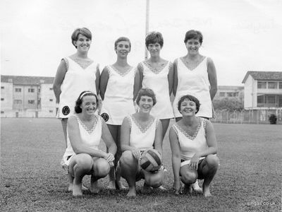The Ladybirds
From Christine Smith who said, the picture is the Ladybirds, a team of Royal Marine & Army wives 68/69 era. My mum Pat McAlinden is left front.  Anybody know the other ladies?
Keywords: Ladybirds;Netball;Pat McAlinden;Mair Waters