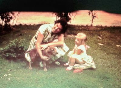 Norma Stephens, Perry the dog and Valda at Pasir Panjang Flats - 1959
