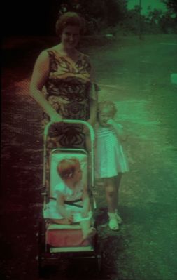 Walking down Royal Road Drive with Mum and baby sister - 1960
